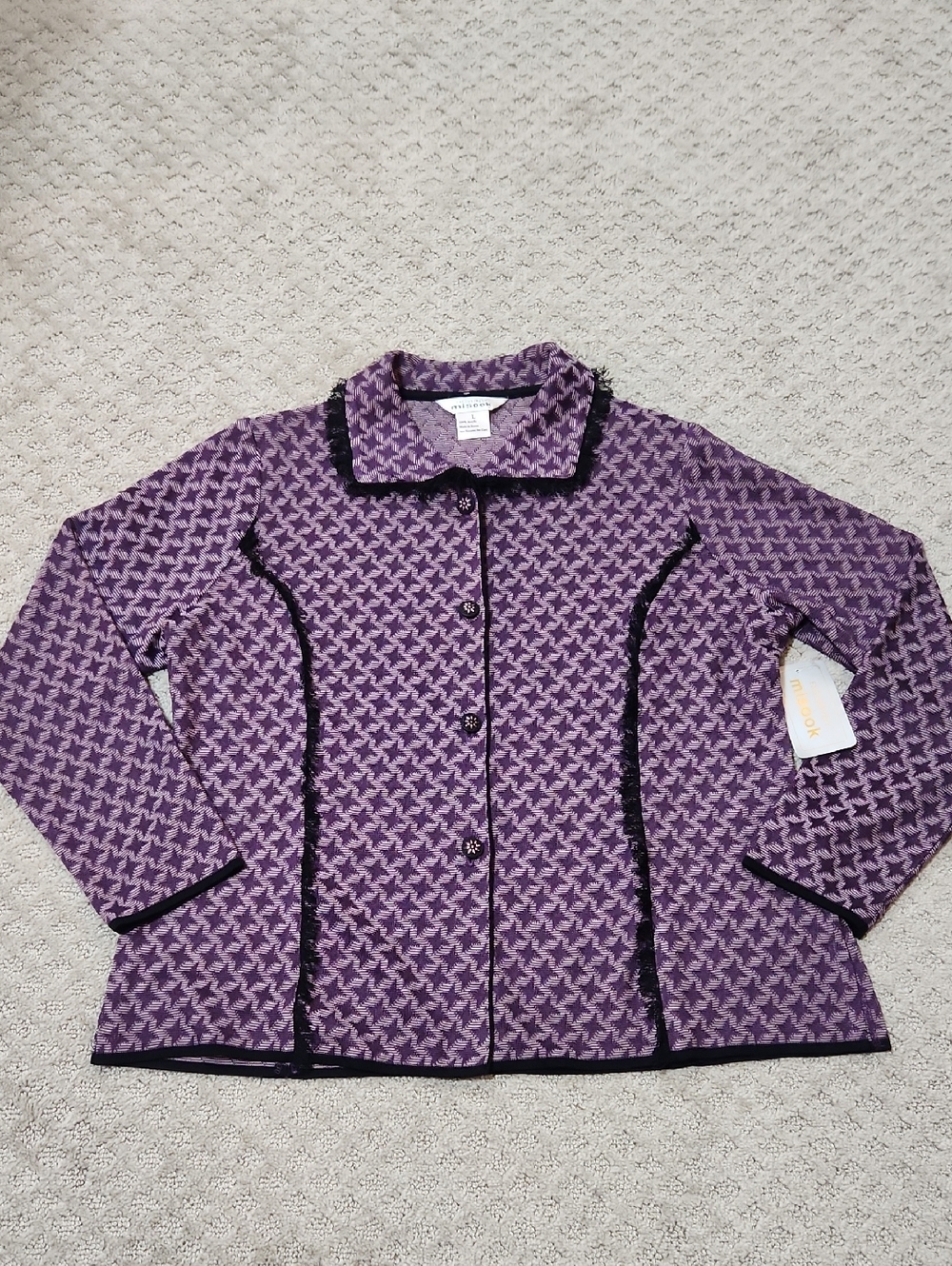 Misook Purple Jaquard Pattern Button-Front Jacket Black Eyelash Fringe Trim NWT